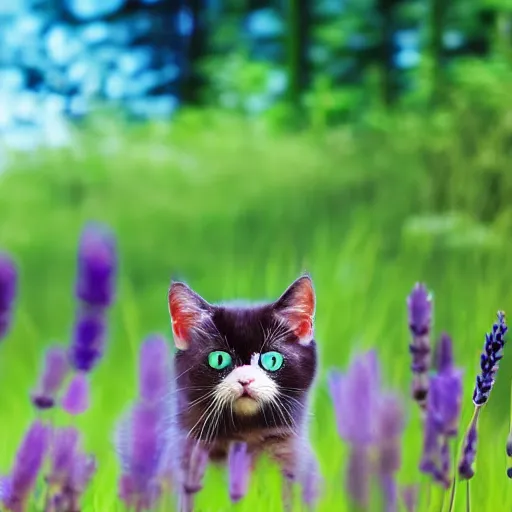 Prompt: glowing blue adorable cute cat in grassy field with forest in the background, incredibly cute, anime eyes, river, lavender growing nearby, cinematic lighting, high detail concept art, epic, award winning, 8 k