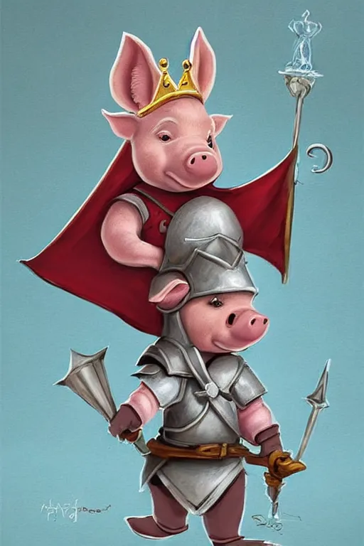 Image similar to cute little cartoonish anthropomorphic piglet knight wearing a cape and a crown, caricature, tiny, small, miniature pig, baby animal, short, pale blue armor, cute and adorable, pretty, beautiful, DnD character art portrait, matte fantasy painting, DeviantArt Artstation, by Jason Felix by Steve Argyle by Tyler Jacobson by Peter Mohrbacher, cinematic lighting