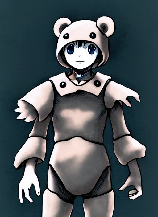 Image similar to beautiful little boy wearing an cyborg bear suit, artwork in kentaro miura and made in abyss and rosdraws, smooth, beautiful lightness, anatomically correct, trending on pixiv, forest