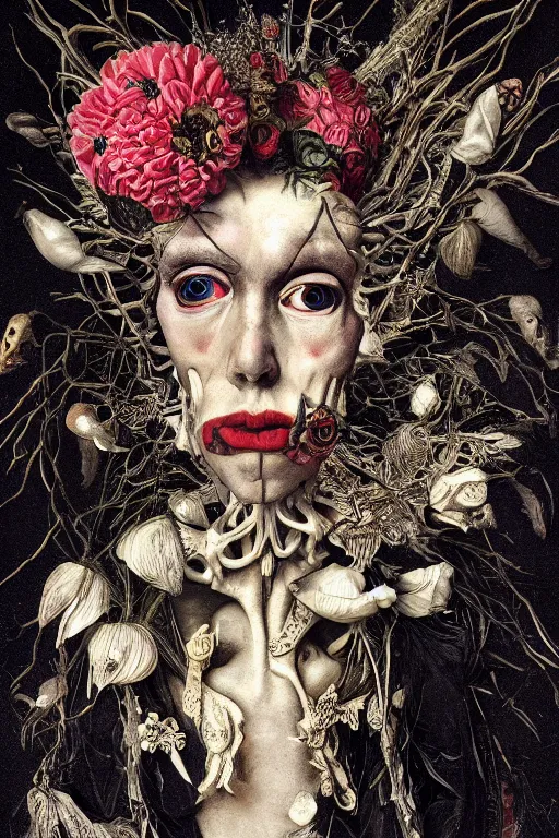 Image similar to Detailed maximalist portrait with large lips and with large white eyes, exasperated expression, botany bones, HD mixed media, 3D collage, highly detailed and intricate, surreal illustration in the style of Caravaggio, dark art, baroque