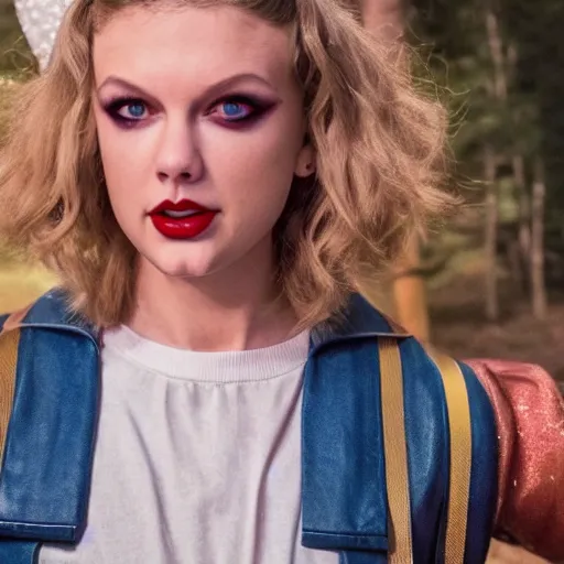 Prompt: still from Stranger Things season 6 - Taylor Swift in makeup evil queen Brunhilda