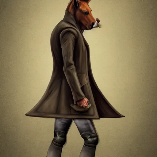 Image similar to concept art of hybrid human and horse wearing coat, anthropomorphic horse wearing a coat and standing on two legs like human, digital art, photo realistic, highly detailed