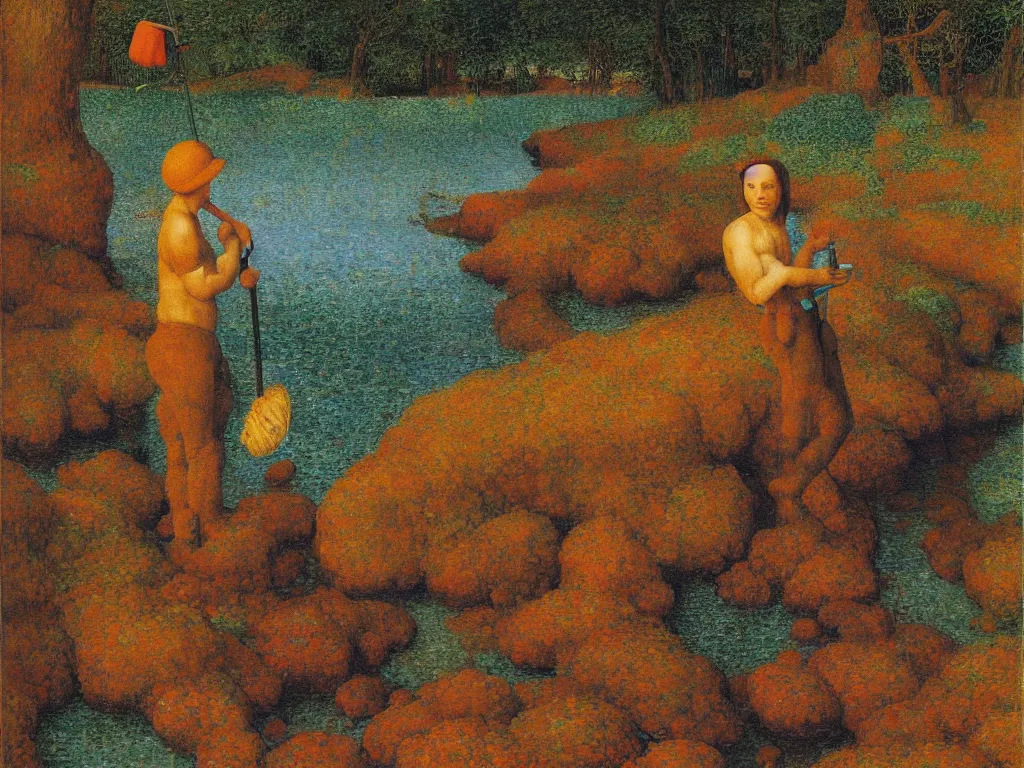 Image similar to Portrait of a painter washing his brush in a river. Humanoid rocks, coral-like pebbles, autumn light. Painting by Jan van Eyck, Rene Magritte, Jean Delville, Max Ernst