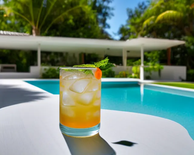 Prompt: 5 5 mm photo of best long cocktail and soda - can on a zen minimalist white table with gorgeous pool in the background. highly detailed 8 k. intricate. lifelike. soft light,