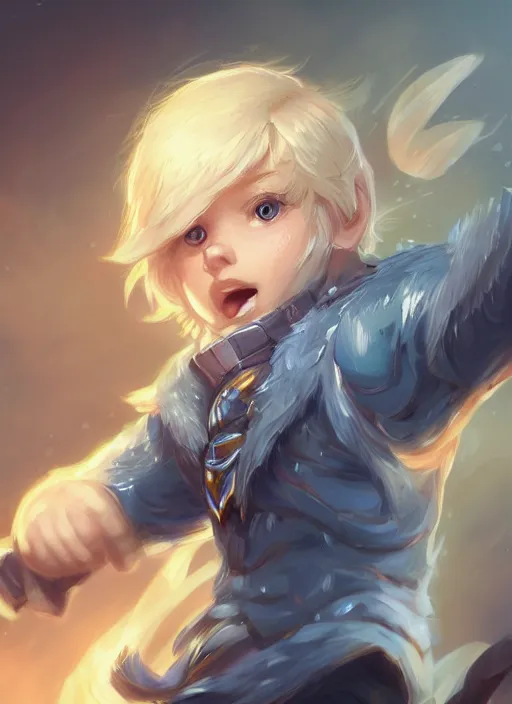 Image similar to a highly detailed illustration of cute little blonde blue eyes boy, wide eyed adventurous pose, intricate, elegant, highly detailed, centered, digital painting, artstation, concept art, smooth, sharp focus, league of legends concept art, WLOP