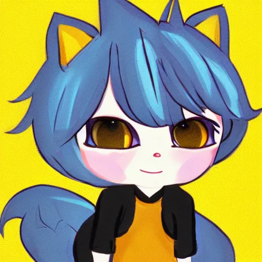 Prompt: full body character concept art of a little cat girl with yellow hair and blue eyes in chibi style