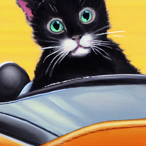 Prompt: cute fuzzy anthropomorphic black cat sitting up riding in a convertable car detailed painting 4 k