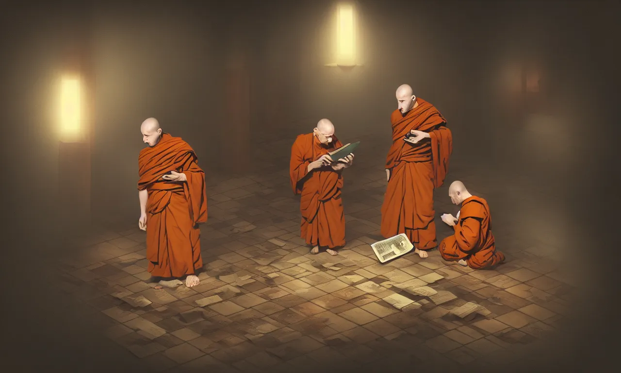 Image similar to monks in distrust, kerberos realm, service ticket close up, wizard reading a directory, nordic pastel colors, abandoned railroad, 3 d art, digital illustration, perfect lighting