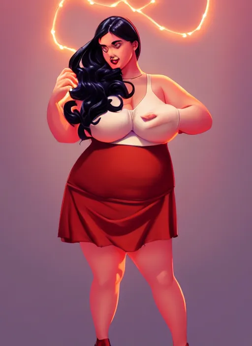 Image similar to full body portrait of teenage veronica lodge, obese, bangs, sultry, realistic, sultry smirk, wavy hair, red skirt, fat, belly, intricate, elegant, glowing lights, highly detailed, digital painting, artstation, concept art, smooth, sharp focus, illustration, art by wlop, mars ravelo and greg rutkowski