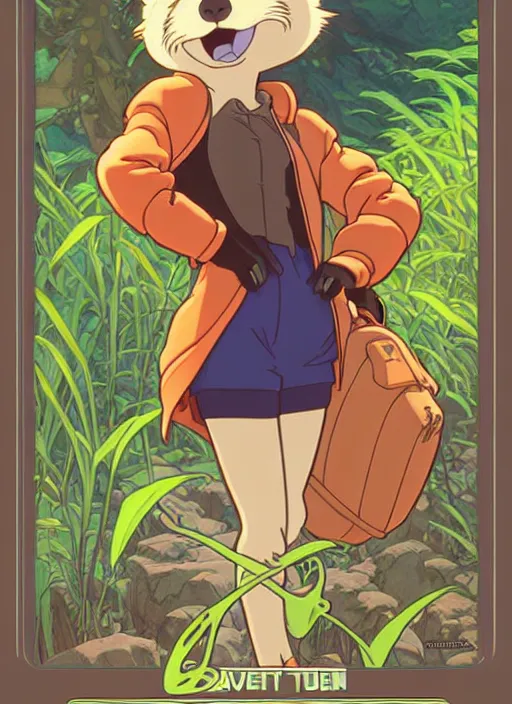 Image similar to cute beaver wear high - vis jacket trading card design, natural lighting, path traced, highly detailed, high quality, digital painting, by don bluth and ross tran and studio ghibli and alphonse mucha, artgerm