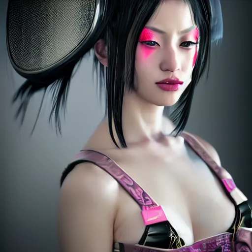 Image similar to !dream cyberpunk geisha, full body, cinematic lighting, beautiful face, ultra detail, ultra realistic, photo realistic, octane render,