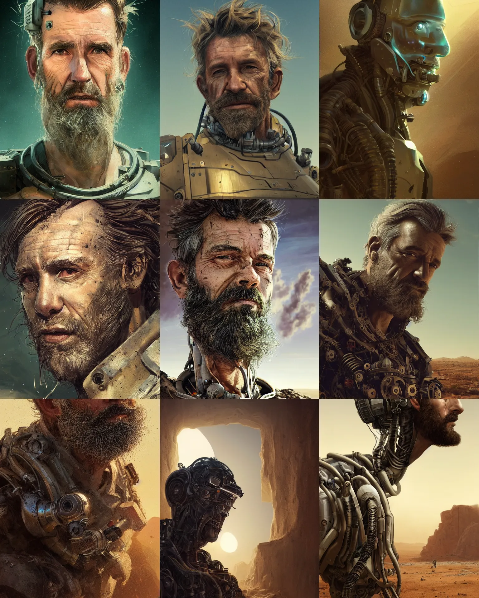 Image similar to a rugged middle aged engineer man with cybernetic enhancements and unique hair lost in the desert, scifi character portrait by greg rutkowski, esuthio, craig mullins, short beard, green eyes, 1 / 4 headshot, cinematic lighting, dystopian scifi gear, gloomy, profile picture, mechanical, half robot, implants, steampunk