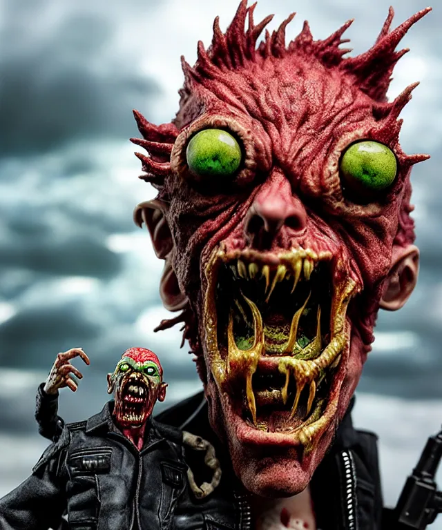 Image similar to hyperrealistic rendering, epic boss battle, punk rock zombie, by art of skinner and richard corben, product photography, collectible action figure, sofubi, hottoys, storm clouds, outside, lightning