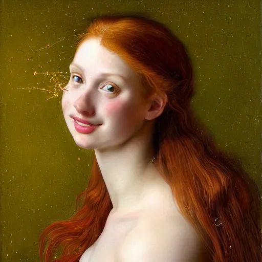 Prompt: a highly detailed, hyper realistic portrait with torso of a red haired young woman, among wonderful golden fireflies, long hair, green eyes, hint of freckles, round gentle face, cheeky smile, white romantic dress with intricate details, deep focus, elegant, smooth, sharp, golden ratio, digital painting, art by artemisia lomi gentileschi and caravaggio