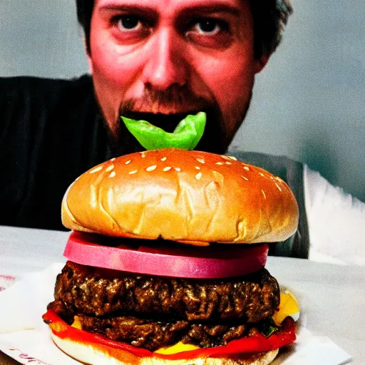 Prompt: High resolution real photo of a hamburger eating a man