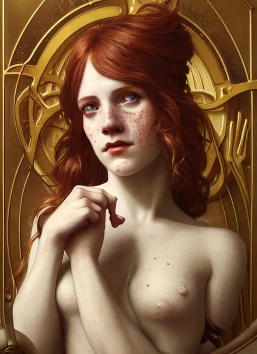 Prompt: close up portrait of wendy thomas, pale young woman with freckles, baroque hamburgers, fast food imagery by artgerm, cushart krenz, greg rutkowski, mucha. art nouveau. gloomhaven, golden arches logo, pale colors, sharp edges. ultra clear detailed. 8 k. elegant, intricate, octane render