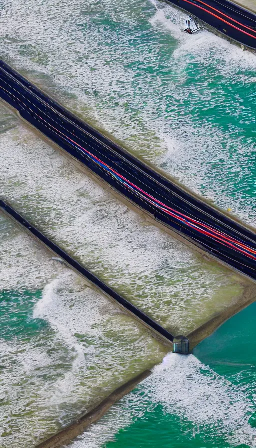 Image similar to color pentax photograph of a pristine, modern architecture storm surge barrier from an aerial perspective. epic colours and lighting!