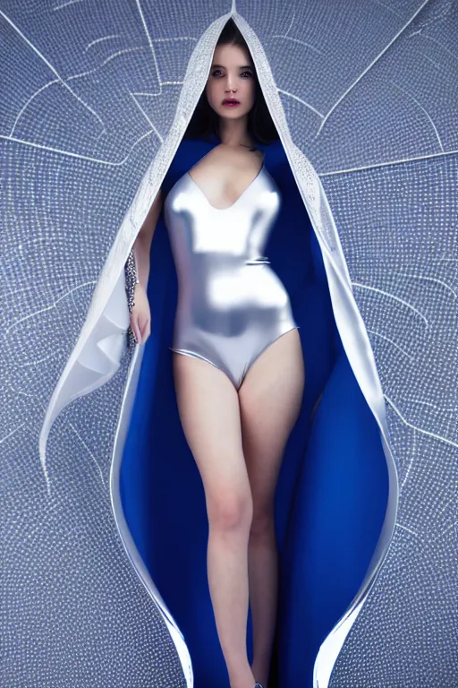 Prompt: photoshot detailed beautiful noun in opened white gold blue coat, seductive confident pose, attractive feminine curves, intricate details, futuristic, alien, elegant cape, elegant, photorealism, trending on artstation, sharp, holy halo, advanced technology, hasselblad shot, art by moebius and vitaly bulgarov and chanthara