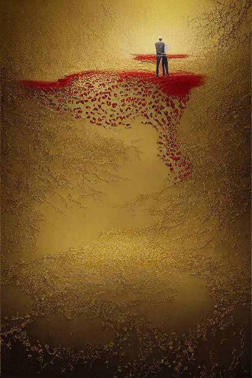 Image similar to immaculate painting of A Beautiful fine detailed gold and red and black Forest Illusion by erik johansson micro detailing