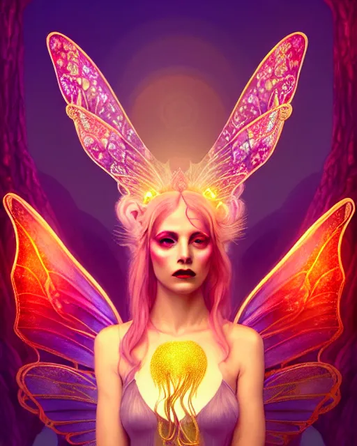 Image similar to portrait, stunningly beautiful female faerie priestess in amanita muscaria forest landscape, symmetrical wings on back, neon hair, wearing a dress of gossamer gold, inner glow, illustration, dramatic lighting, soft details, painting, art nouveau, octane render, 8 k, hd, by brom, faces by otto schmidt