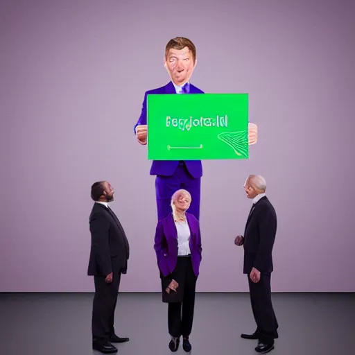 Image similar to hyperreal lifelike corporate portrait, anthropomorphic edible piechart sales executive, purple green color scheme, professional studio lighting