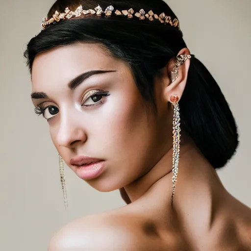 Image similar to a portrait of a beautiful female model, beauty shot, glamor pose, photography, headshot, headpiece, female character, canon eos r 3, f / 1. 4, iso 2 0 0, 1 / 1 6 0 s, 8 k, raw, unedited, symmetrical balance, in - frame