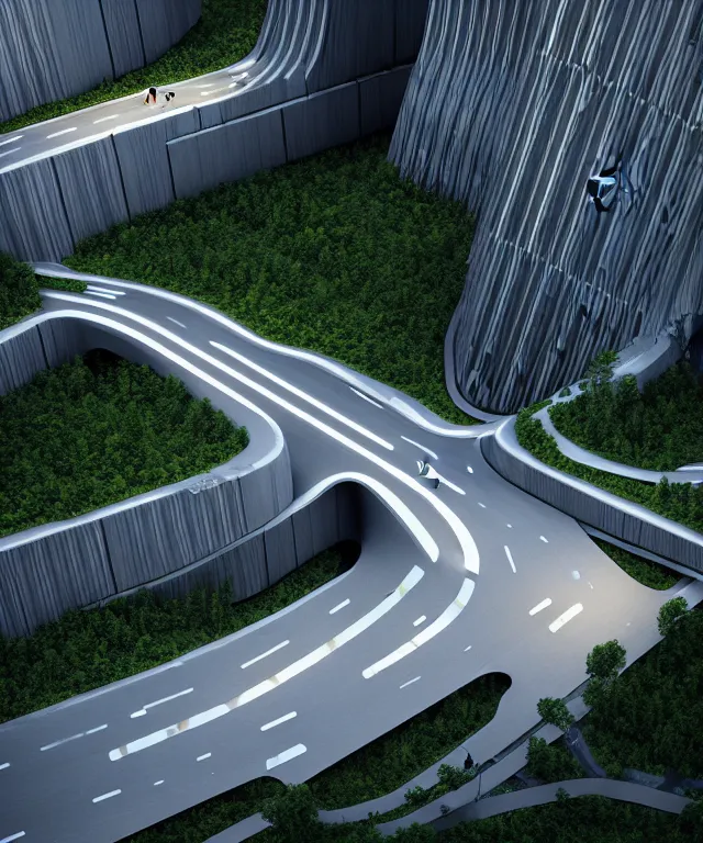 Image similar to denis villeneuve establishing shot of modern bjarke ingels condo building and gotthard tunnel entrance combined, roads tunnel under bjarke ingels condo building, lush nature environment, beautiful lighting, scifi artstation digital concept art, unreal engine, hyper realism, realistic shading, cinematic composition, blender render, octane render, wide shot