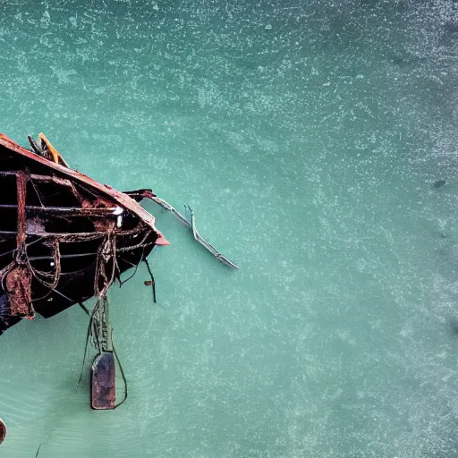 Prompt: incredibly detailed image of wrecked boat on shoreline, backlighting