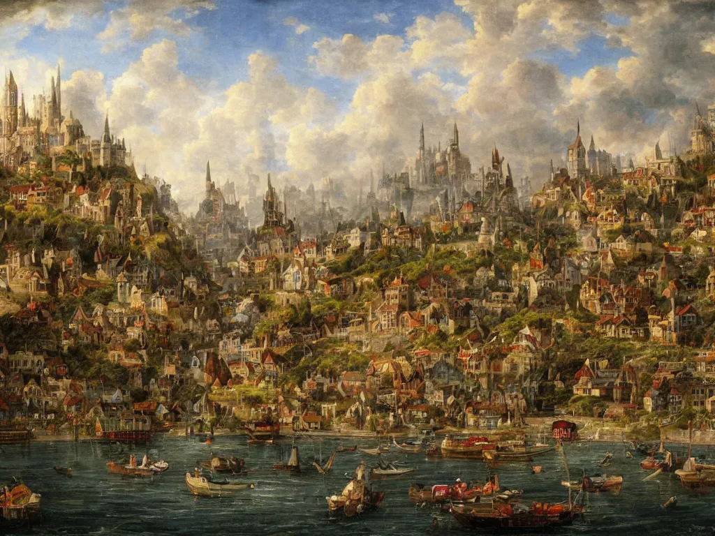 Image similar to a fantasy town, viewed from the harbor, by jean - baptist monge,