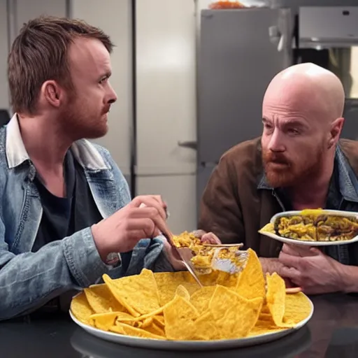 Image similar to jesse pinkman eating nachos with walter white, 4 k