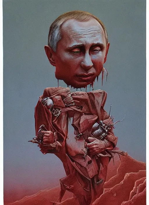 Image similar to Painting in a style of Beksinski featuring Vladimir Putin. Suffering and pain