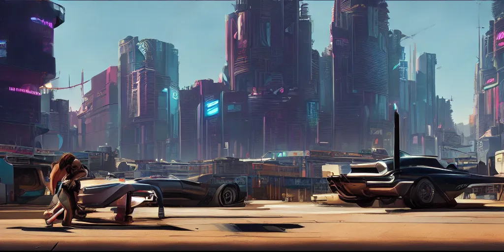 Prompt: art style by Ben Aronson and Edward Hopper and Syd Mead, wide shot view of the Cyberpunk 2077, on ground level.