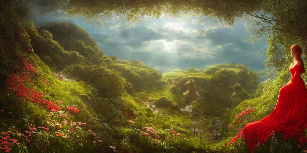 Image similar to an elegant fairy in a red lace dress sitting and looking out at a lord of the rings scenery landscape, vast lush valley flowers and giant mushroom structures, stream, sunrise, god's rays highly detailed, vivid colour, soft clouds, floral sunset, cinematic lighting, perfect composition, 8 k, gustave dore, derek zabrocki, greg rutkowski, belsinski,