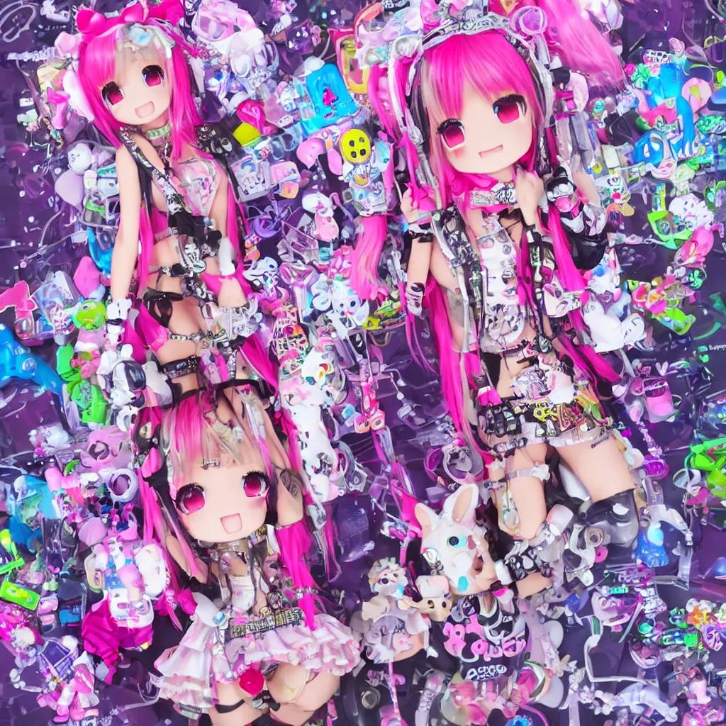 Image similar to 3 d anime render of a decora gyaru kawaii cybergoth emo fashion model vtuber, in a cyberpunk blade runner maximalist city of my melody sanrio plushies, artstation cgsociety