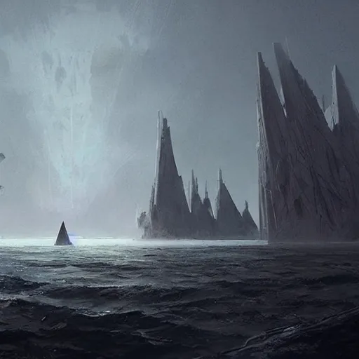 Image similar to star wars concept art by greg rutkowski, a palatial and imposing grey tall triangular pyramid tech tower emerging from the sea in the middle of a ocean landscape, enigmatic atmosphere, beautiful and cinematic lighting, artstation hq.