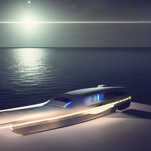 Prompt: a futuristic sea cruiser sitting on a placid sea at night with the milky way above, sleek, aerodynamic, cabin lights, reflections, detailed, cgi, octane render, two men standing on the deck
