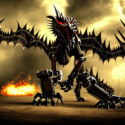 Prompt: Robot Dragon Metal Endoskeleton, Battle Scene