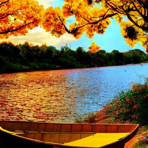 Prompt: picture yourself in a boat, on a river, with tangerine trees and marmalade skies