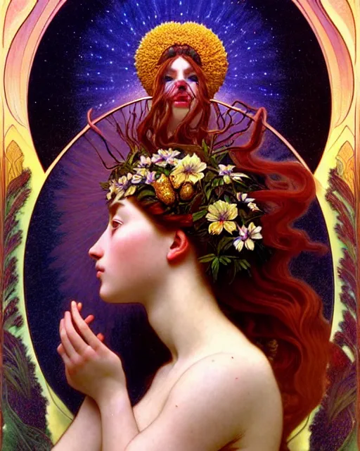 Image similar to portrait of a nature goddess, filled with nebulas, unusual beauty, emotionally evoking symbolic metaphors, head in focus, fantasy, ornamental, intricate, elegant, highly detailed digital painting, artstation, concept art, painterly, golden ratio, sharp focus, illustration, art by John William Godward and Alphonse Mucha and Zdzisław Beksiński,