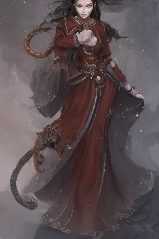 Image similar to a full body portrait of an attractive female monk, D&D, fighting stance, clenched fists, stylish dress, very long flowing dark hair, beautiful bone structure, intricate, elegant, stylish, cute slightly nerdy smile, fantasy, highly detailed, digital painting, artstation, concept art, smooth, sharp focus, illustration, art by artgerm and greg rutkowski and alphonse mucha