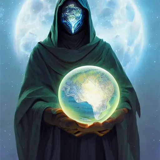 Image similar to creator of worlds wearing a cloak, masked, and holding a holographic planet projection in his hand, detailed, sci - fi, digital painting, artstation, sharp focus, illustration, ominous, artgerm, syd mead, tomasz alen kopera, peter mohrbacher, donato giancola, joseph christian leyendecker, wlop, frank frazetta