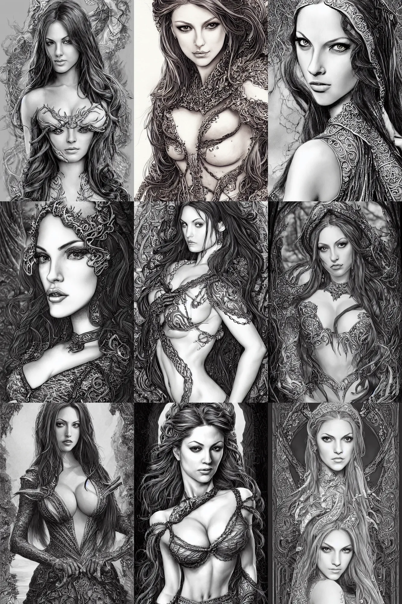 Prompt: alluring highly-detailed pen and ink illustration portrait of an attractive young lamia woman (played by young Jenna Haze from 2003), clothed in a chesty fantasy outfit, intricate, elegant, highly detailed, digital painting, trending on Artstation, concept art, smooth, sharp focus, illustration, in the style of artgerm and greg rutkowski and alphonse mucha