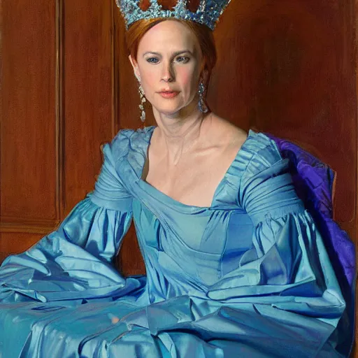 Prompt: portrait of a queen, dressed in blue and pink, by donato giancola.