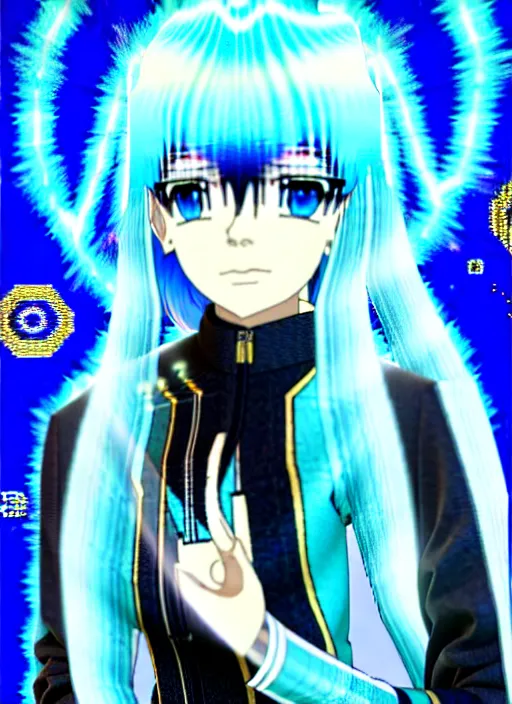 Image similar to a hologram of rimuru tempest, sky blue hair, golden eyes, wearing a black stylish jacket, pixiv 3 d render, holography, irridescent, covered by baroque bedazzled ornamental frames