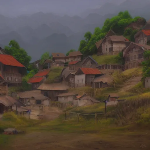 Image similar to the village of omobe, oil painting, pale colors, high detail, 8 k, wide angle, trending on artstation,