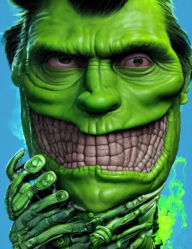 Image similar to a portrait of jim carrey as mask with green skin and mechanical gills, by moebius and tyler edlin and hr giger, trending on artstation, digital art, 4 k resolution, detailed, high quality, sharp focus, hq artwork, coherent, insane detail, concept art