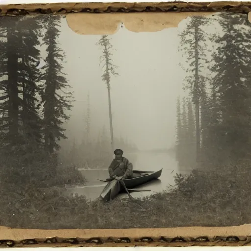 Prompt: hunter sitting in a canoe on the river, deep in the wilderness early in the misty morning in late winter or early spring, boreal forest, 19th century