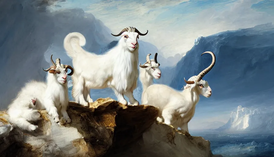 Image similar to highly detailed painting of white giant chimera goat cats with large feathered wings on a blue and white iceberg by william turner, by greg rutkowski, by william constable, thick brush strokes and visible paint layers, 4 k resolution