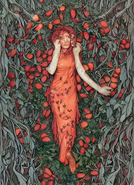 Prompt: lush strawberry forest fairy foliage painting carved in amber by chiara bautista and norman rockwell and greg rutkowski weta studio
