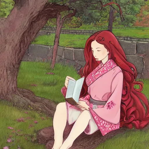 Prompt: beautiful ittle girl with long curly red hair dressed in a pink kimono and sitting next to a tree while reading a book, artwork made in western comic art style inspired in balthus and made in abyss, anatomically correct, higher details